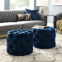 Modern Home Furniture Wooden Stool Chair Pouf Round Seat Footstool Tufted Blue Velvet Ottoman